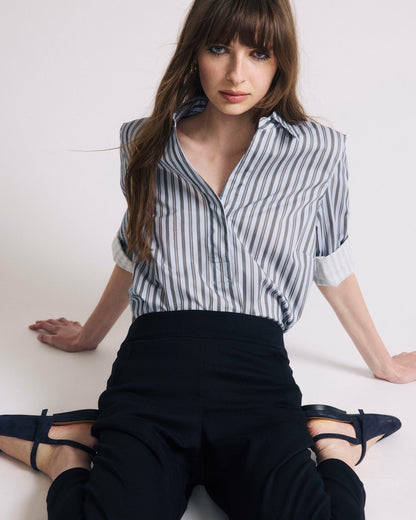 Button Back Poplin Polo Shirt - Smokey Blue Stripe | Universal Standard