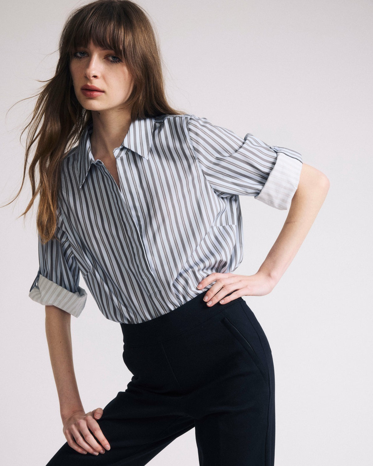 Button Back Poplin Polo Shirt - Smokey Blue Stripe | Universal Standard