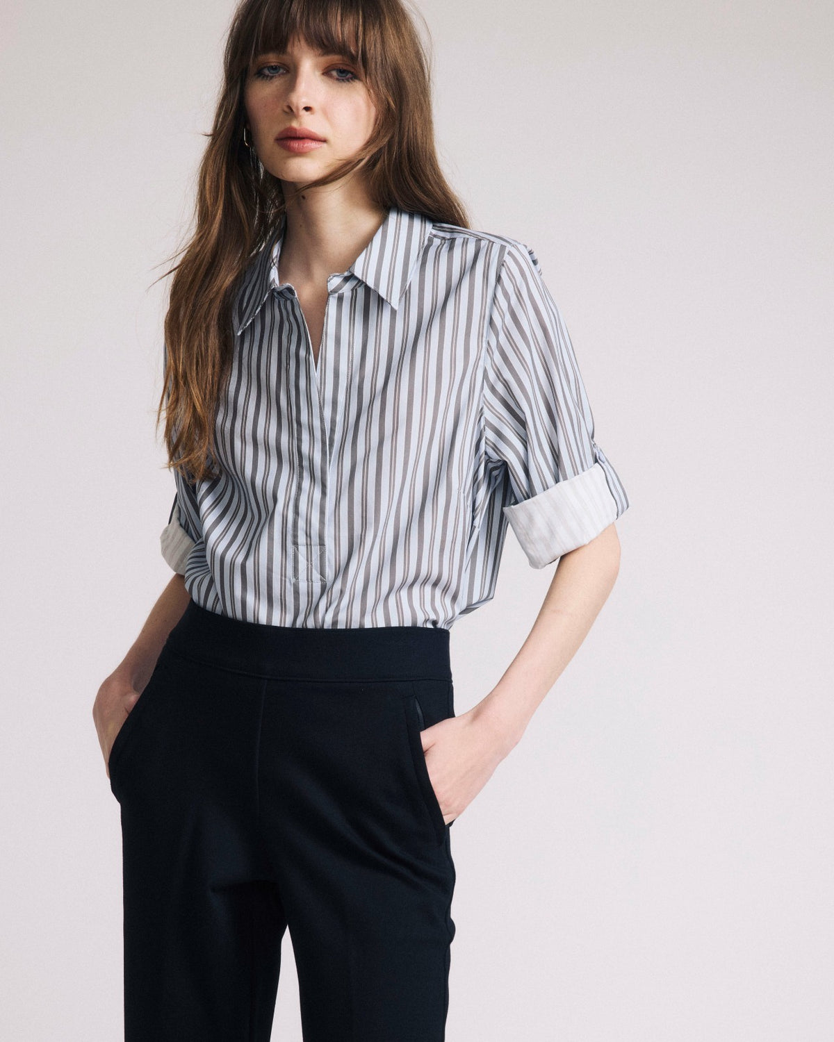 Button Back Poplin Polo Shirt - Smokey Blue Stripe | Universal Standard
