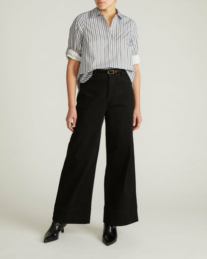 Button Back Poplin Polo Shirt - Smokey Blue Stripe | Universal Standard