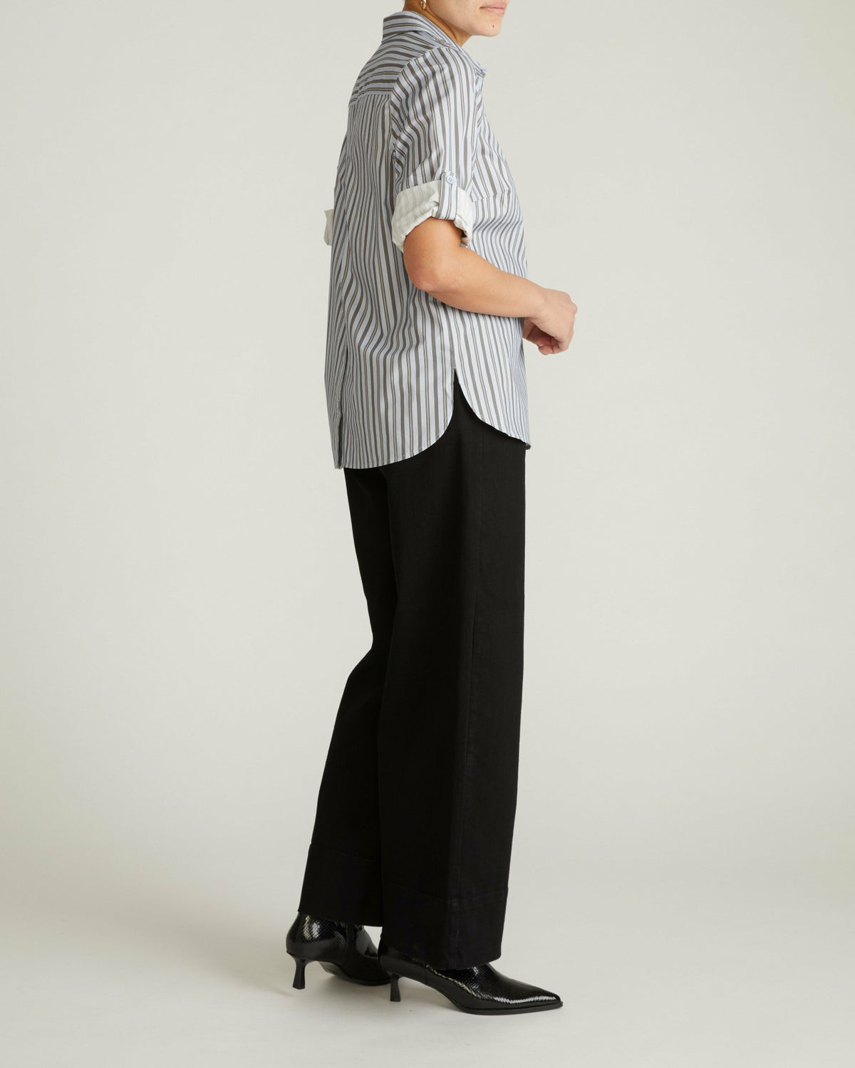 Button Back Poplin Polo Shirt - Smokey Blue Stripe | Universal Standard