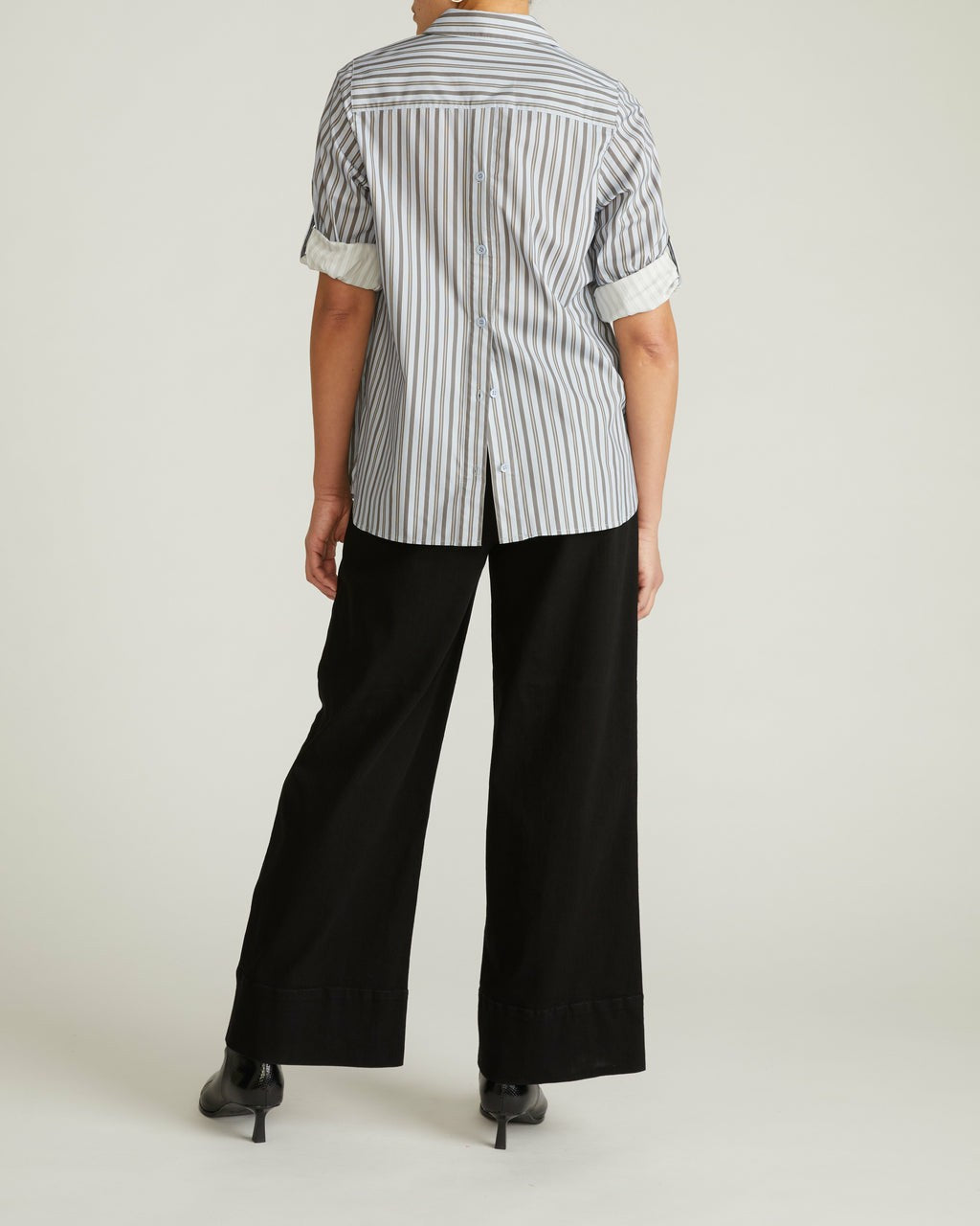 Button Back Poplin Polo Shirt - Smokey Blue Stripe | Universal Standard