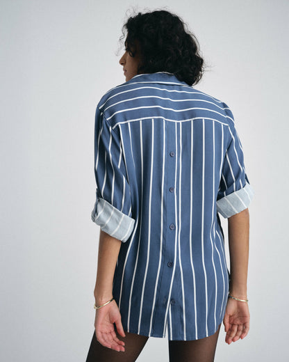 Button Back Stretch Cupro Polo Shirt - Ensign Blue/White Stripe | Universal Standard