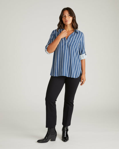 Button Back Stretch Cupro Polo Shirt - Ensign Blue/White Stripe | Universal Standard