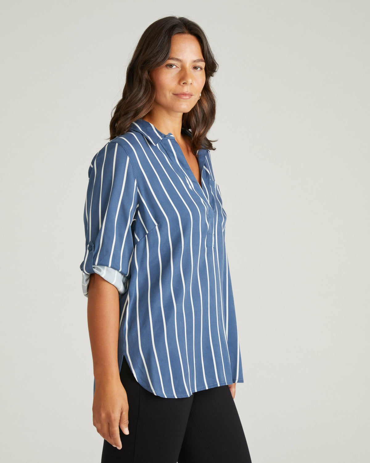 Button Back Stretch Cupro Polo Shirt - Ensign Blue/White Stripe | Universal Standard