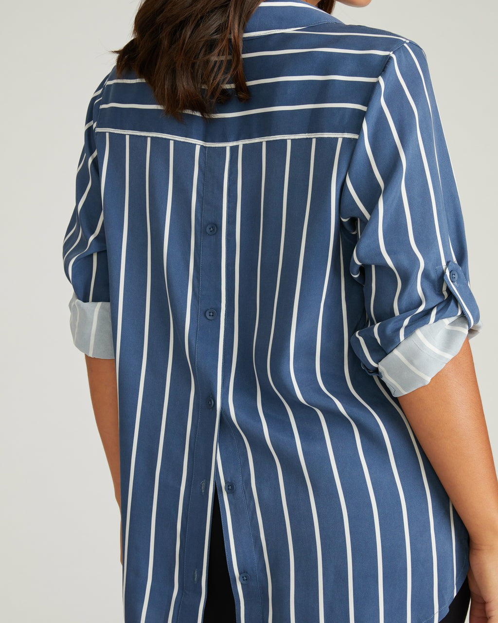Button Back Stretch Cupro Polo Shirt - Ensign Blue/White Stripe | Universal Standard