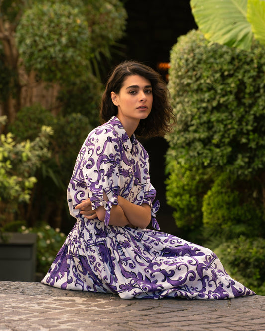 Luisa Short Sleeve Linen Blend Shirt - Purple Majolica Print | Universal Standard
