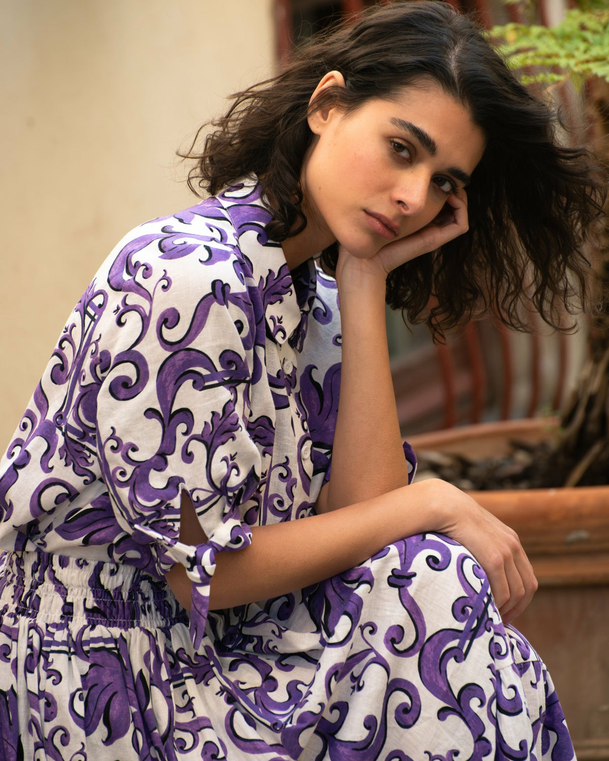 Luisa Short Sleeve Linen Blend Shirt - Purple Majolica Print | Universal Standard