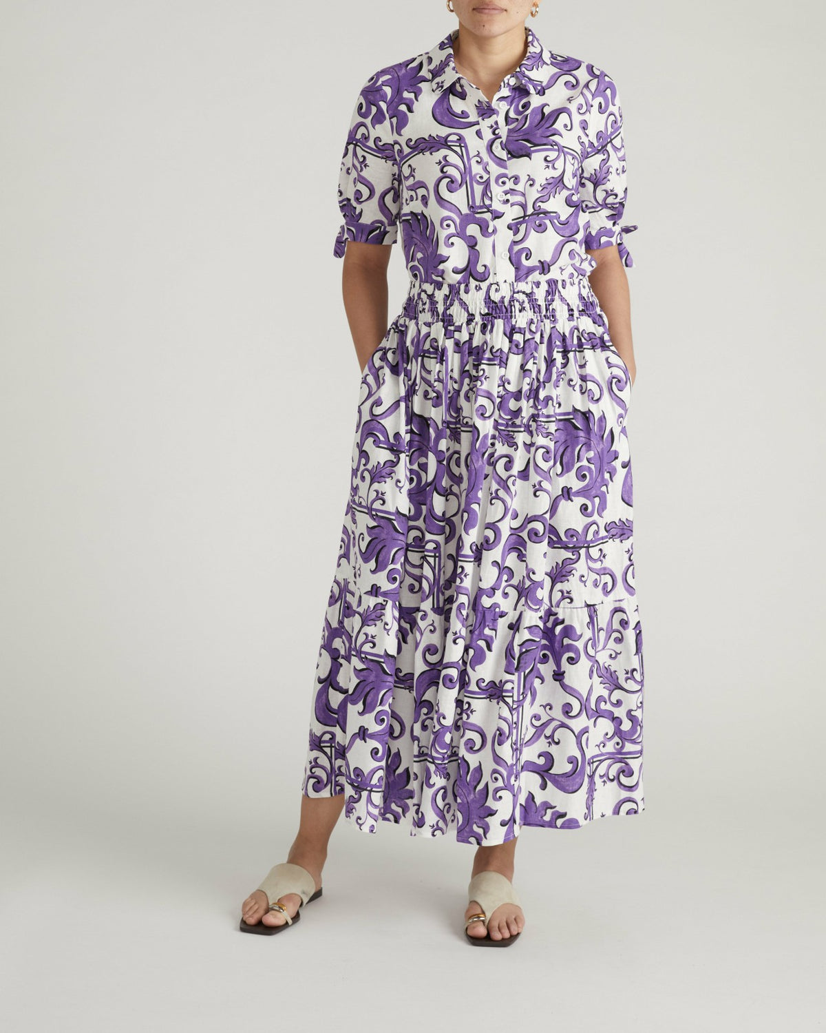 Luisa Short Sleeve Linen Blend Shirt - Purple Majolica Print | Universal Standard