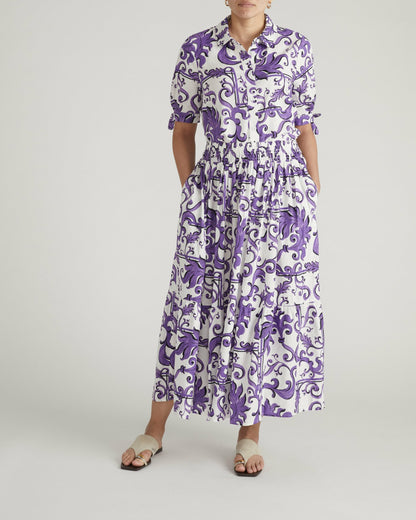 Luisa Short Sleeve Linen Blend Shirt - Purple Majolica Print | Universal Standard