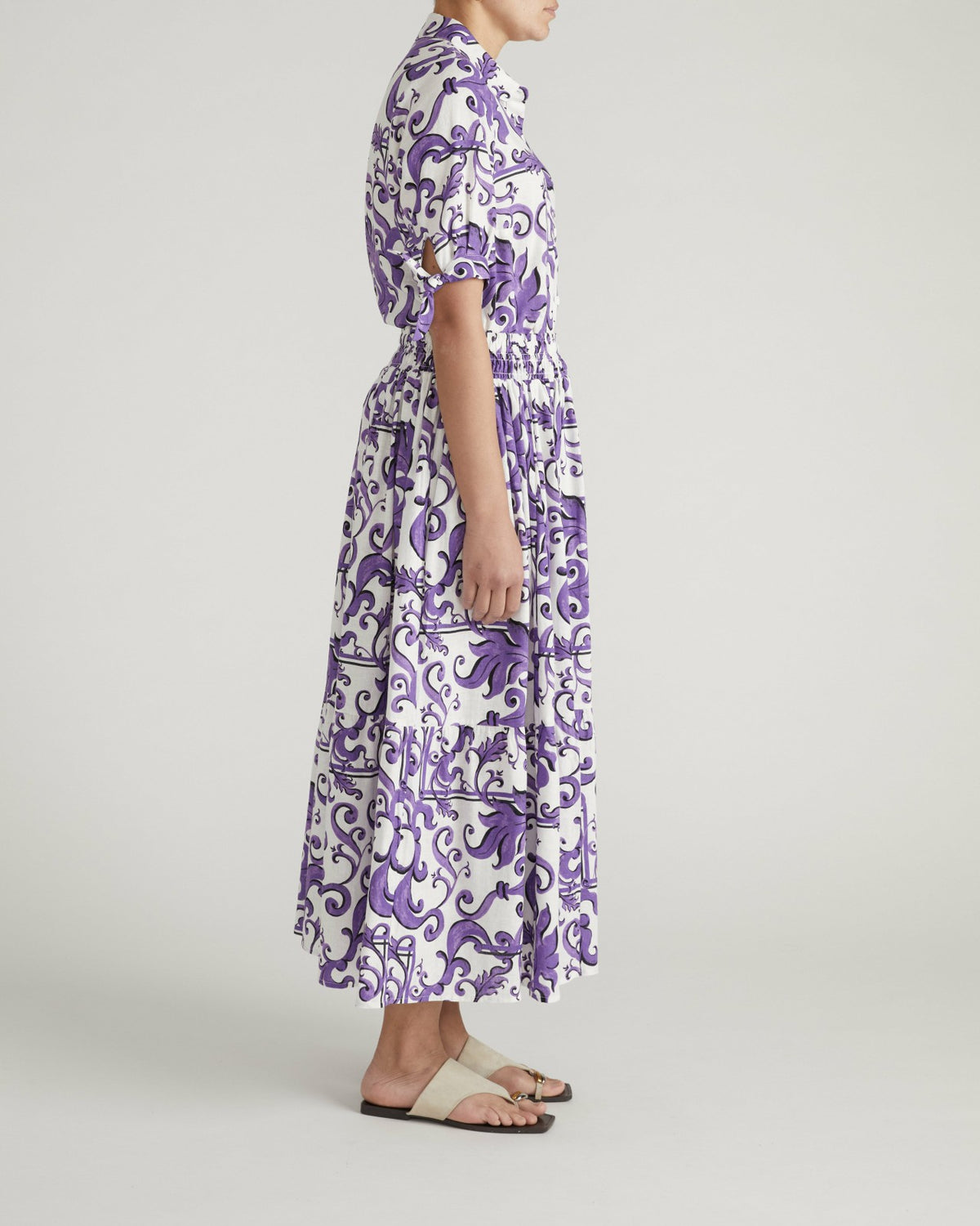 Luisa Short Sleeve Linen Blend Shirt - Purple Majolica Print | Universal Standard