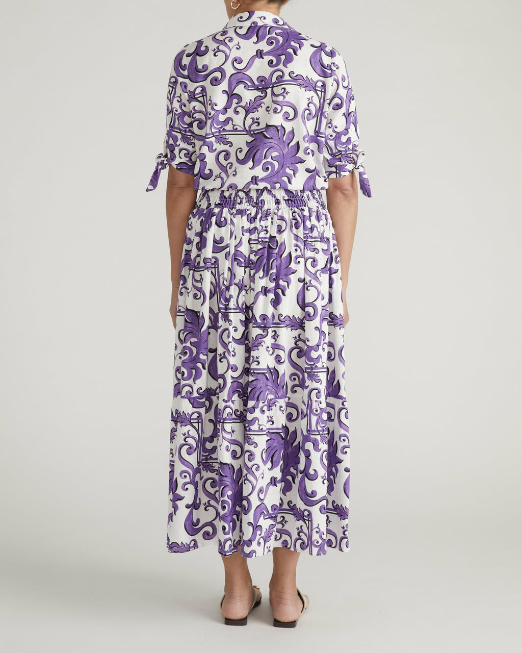Luisa Short Sleeve Linen Blend Shirt - Purple Majolica Print | Universal Standard