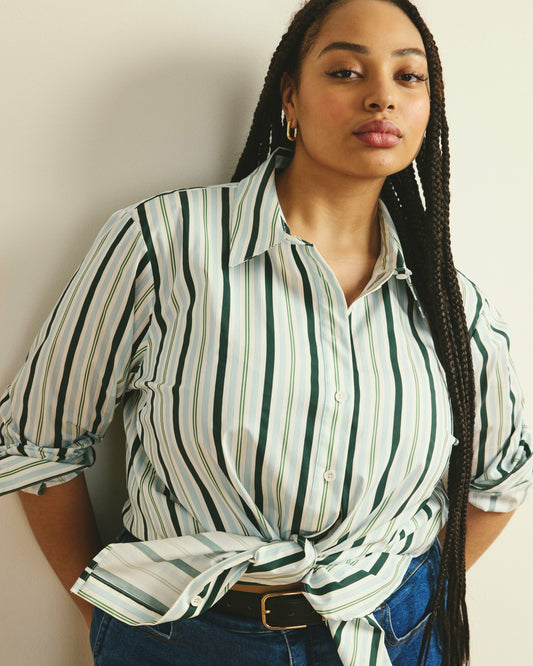 The Artist Poplin Shirt - Forest Green Multi Stripe | Universal Standard