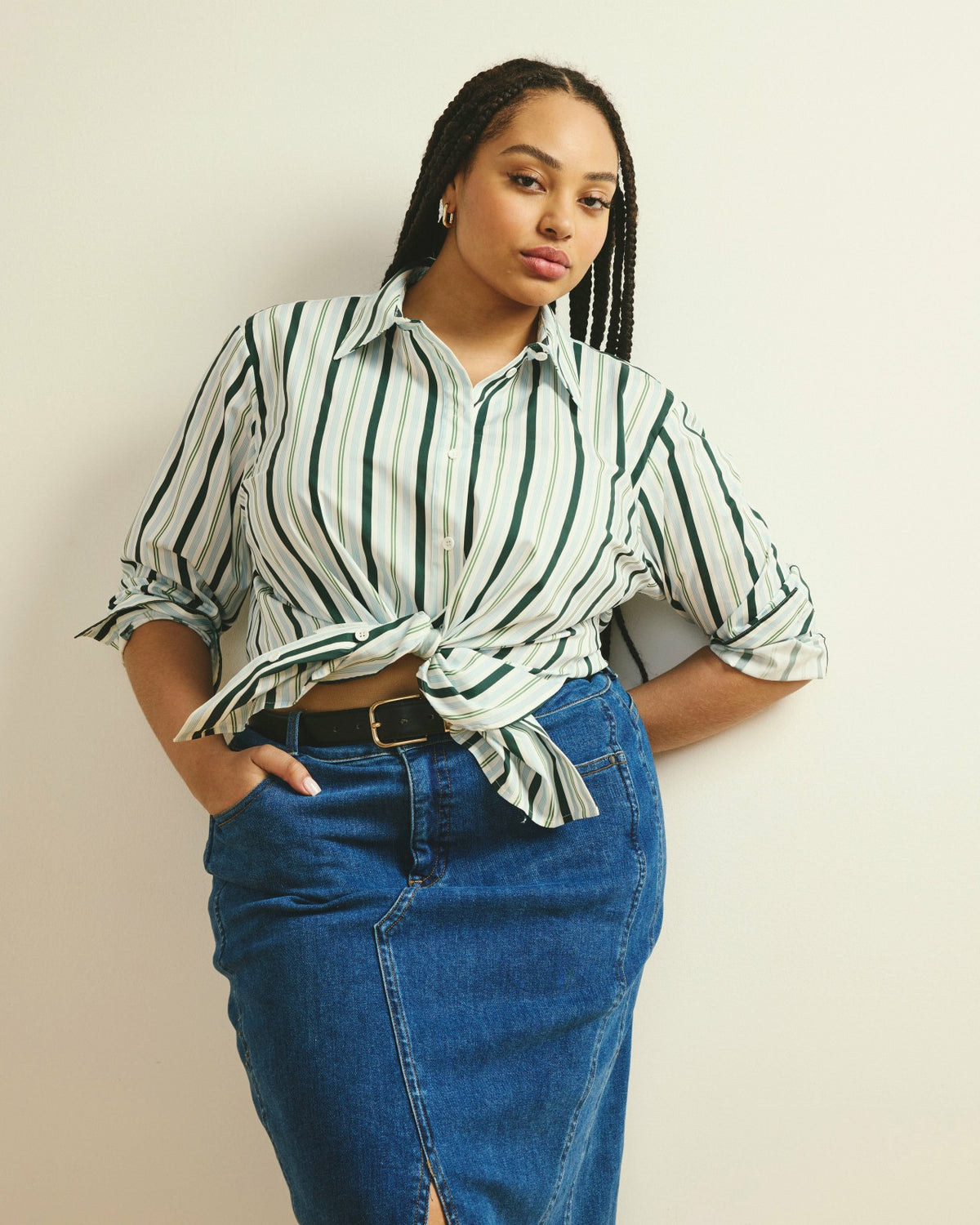 The Artist Poplin Shirt - Forest Green Multi Stripe | Universal Standard