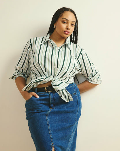 The Artist Poplin Shirt - Forest Green Multi Stripe | Universal Standard