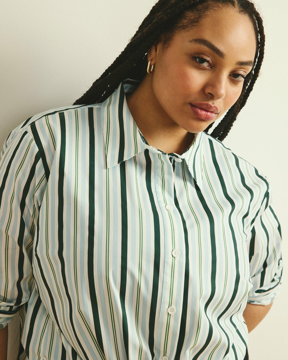 The Artist Poplin Shirt - Forest Green Multi Stripe | Universal Standard