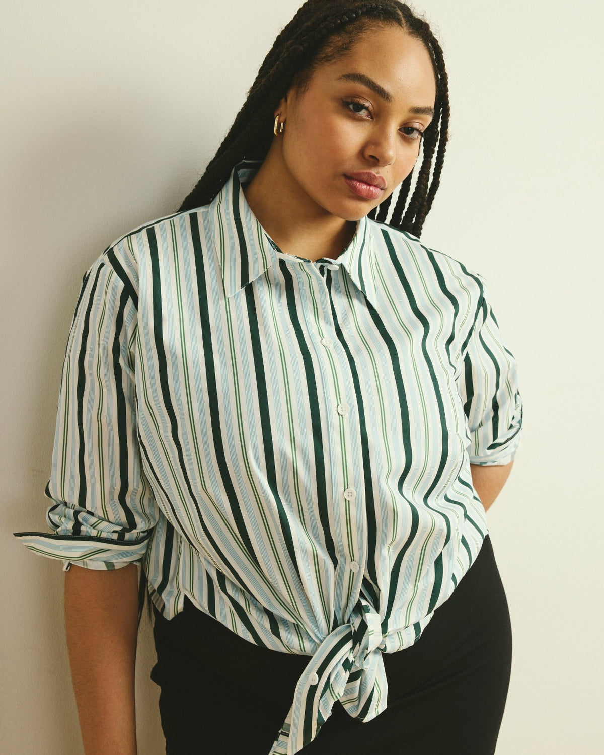 The Artist Poplin Shirt - Forest Green Multi Stripe | Universal Standard