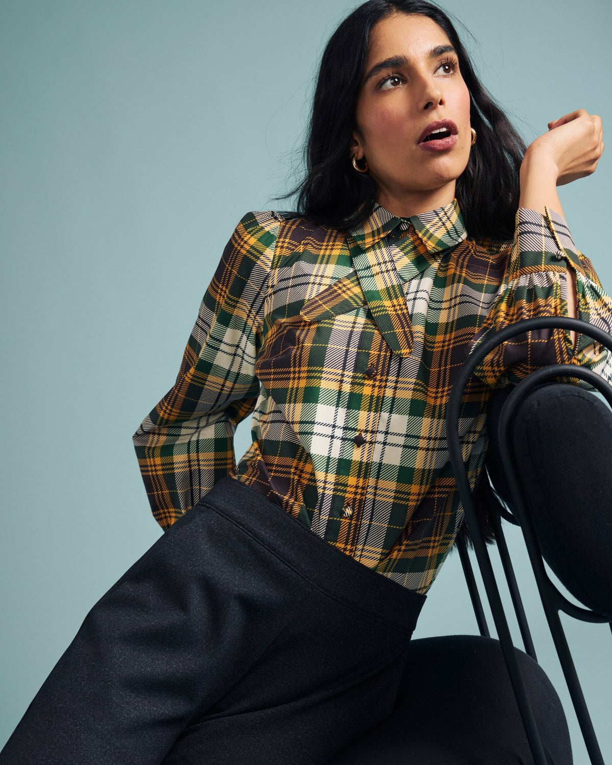 Janet Tie-Neck Cotton Poplin Shirt - Brown Plaid | Universal Standard