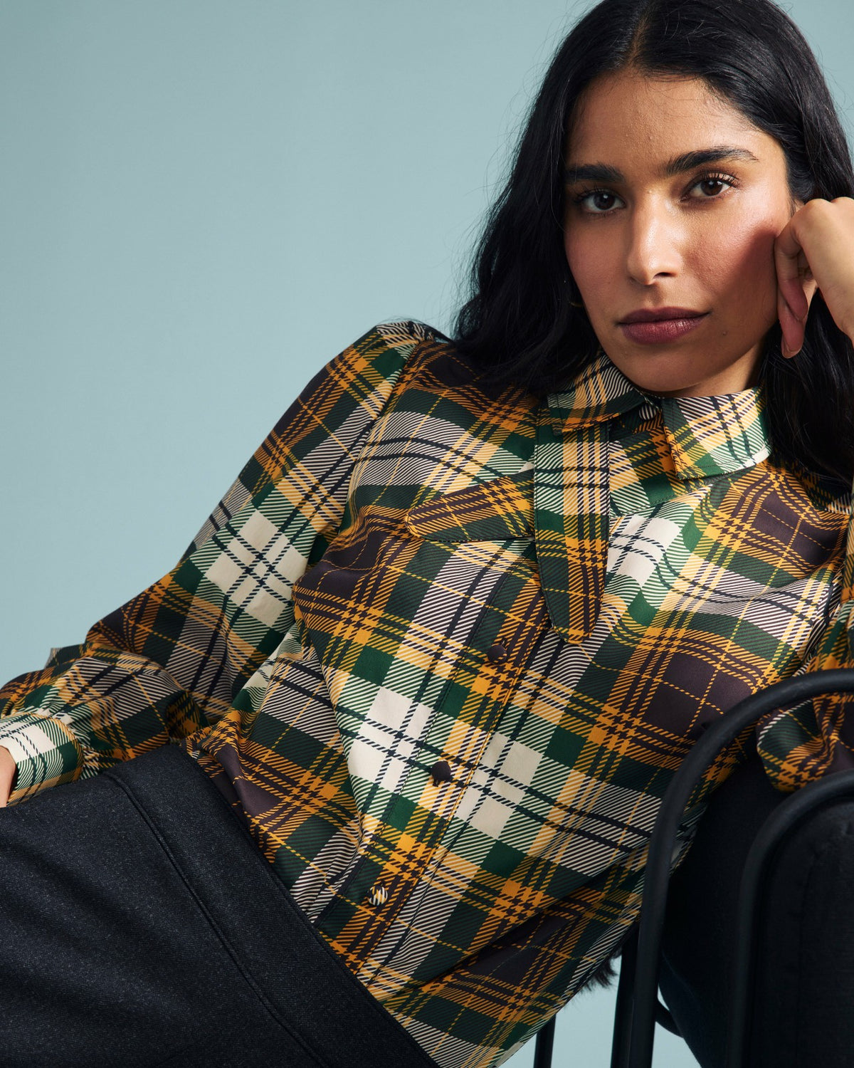 Janet Tie-Neck Cotton Poplin Shirt - Brown Plaid | Universal Standard