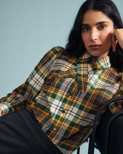 Janet Tie-Neck Cotton Poplin Shirt - Brown Plaid | Universal Standard