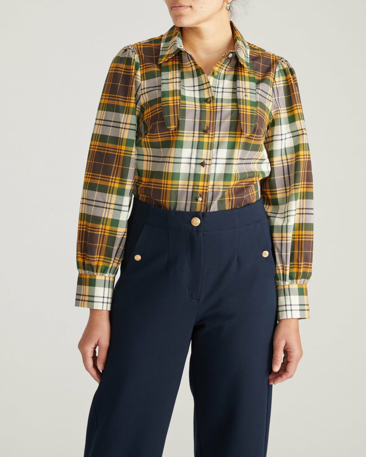 Janet Tie-Neck Cotton Poplin Shirt - Brown Plaid | Universal Standard