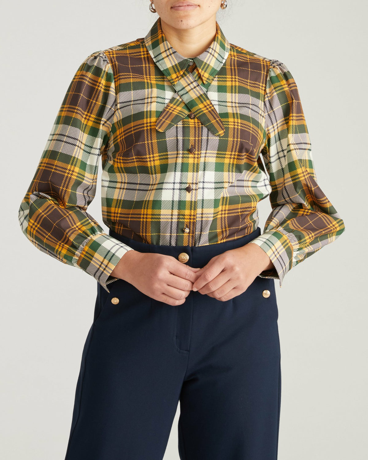 Janet Tie-Neck Cotton Poplin Shirt - Brown Plaid | Universal Standard