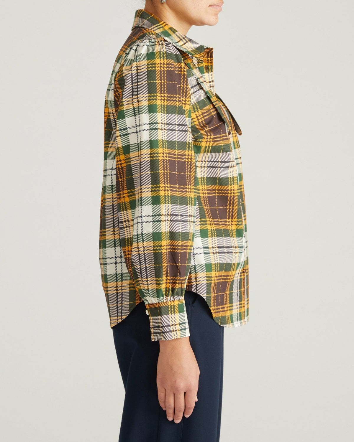 Janet Tie-Neck Cotton Poplin Shirt - Brown Plaid | Universal Standard