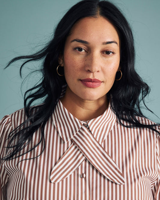 Janet Tie-Neck Cotton Poplin Shirt - Allspice/White Stripe | Universal Standard