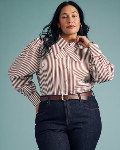 Janet Tie-Neck Cotton Poplin Shirt - Allspice/White Stripe | Universal Standard