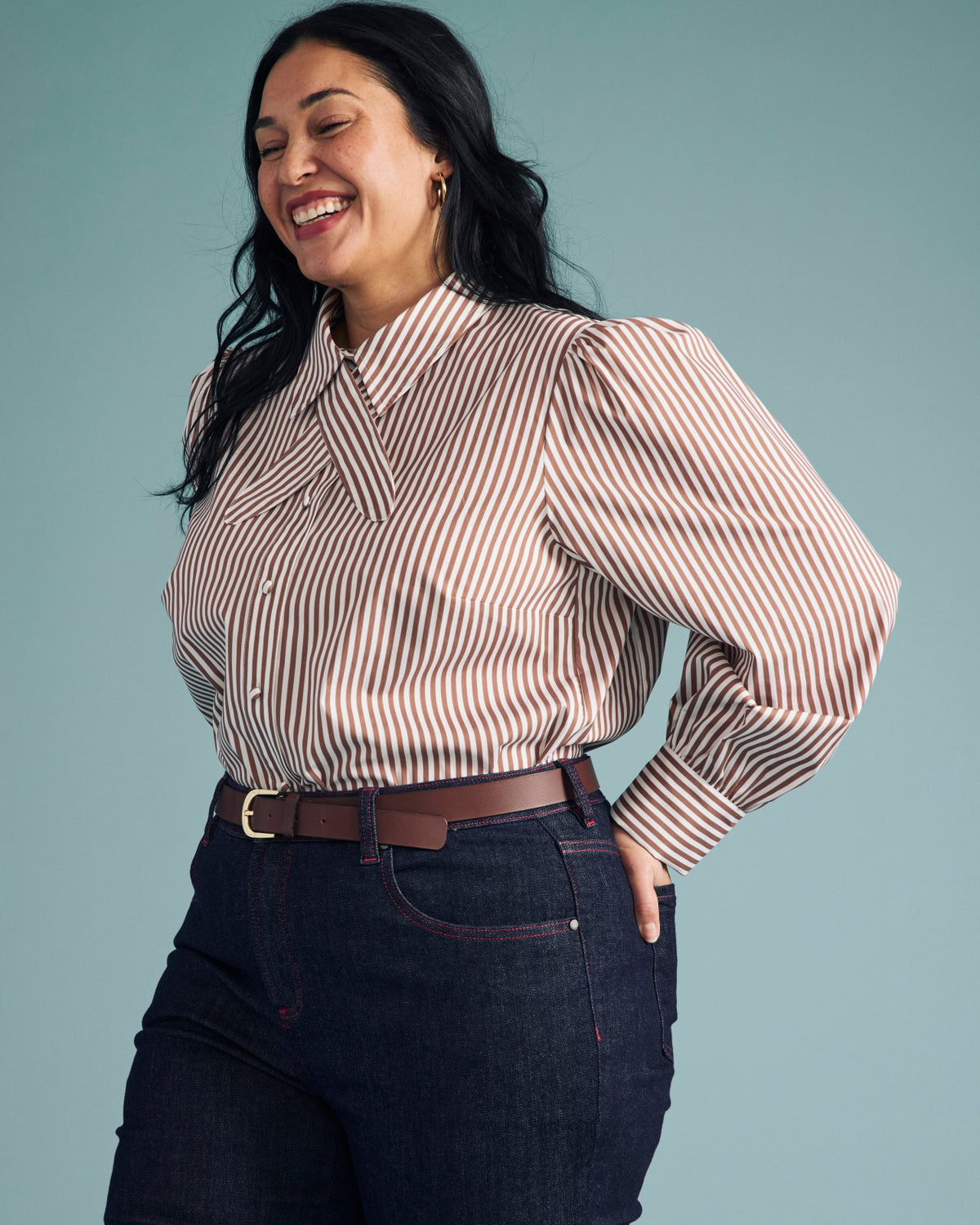 Janet Tie-Neck Cotton Poplin Shirt - Allspice/White Stripe | Universal Standard