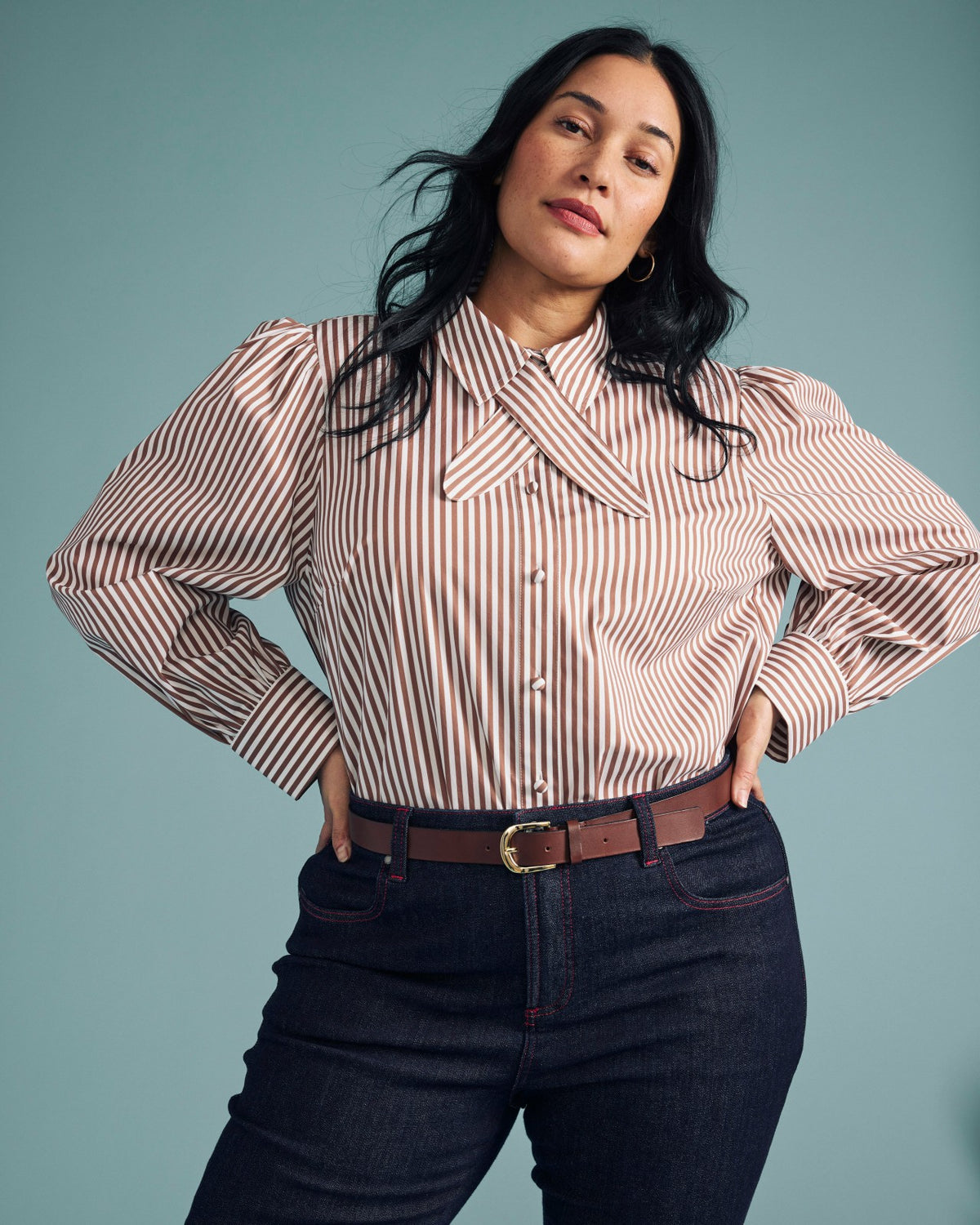 Janet Tie-Neck Cotton Poplin Shirt - Allspice/White Stripe | Universal Standard