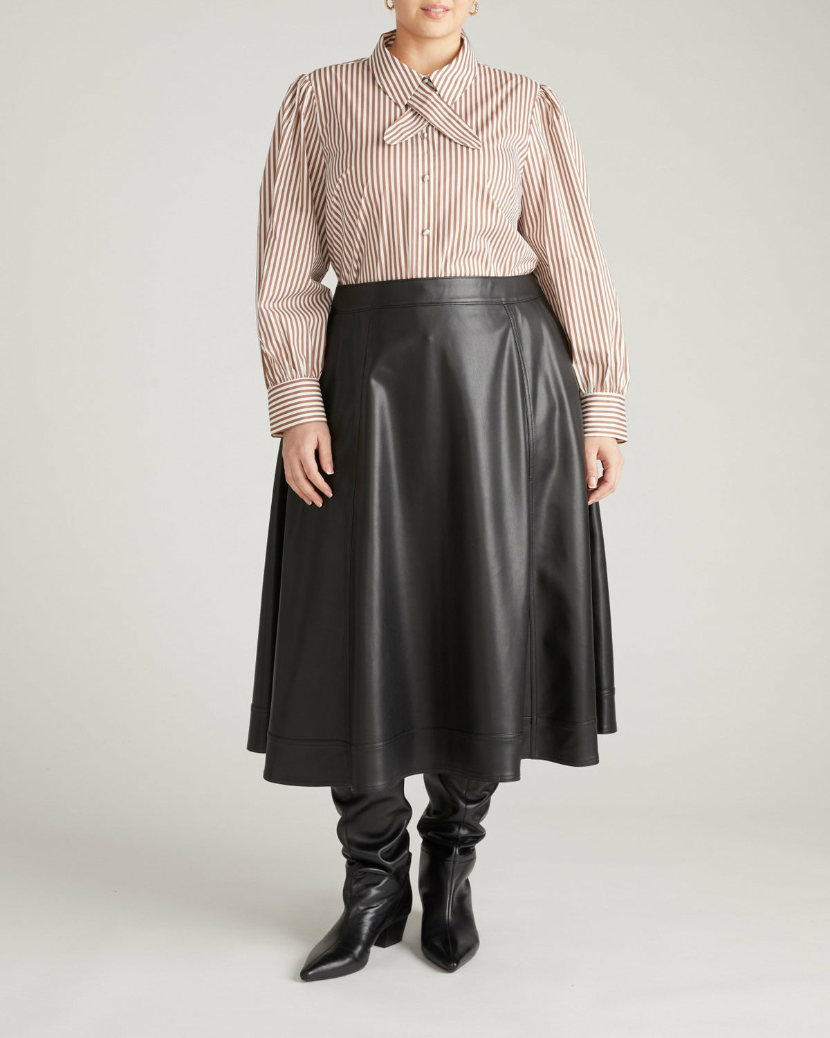 Janet Tie-Neck Cotton Poplin Shirt - Allspice/White Stripe | Universal Standard