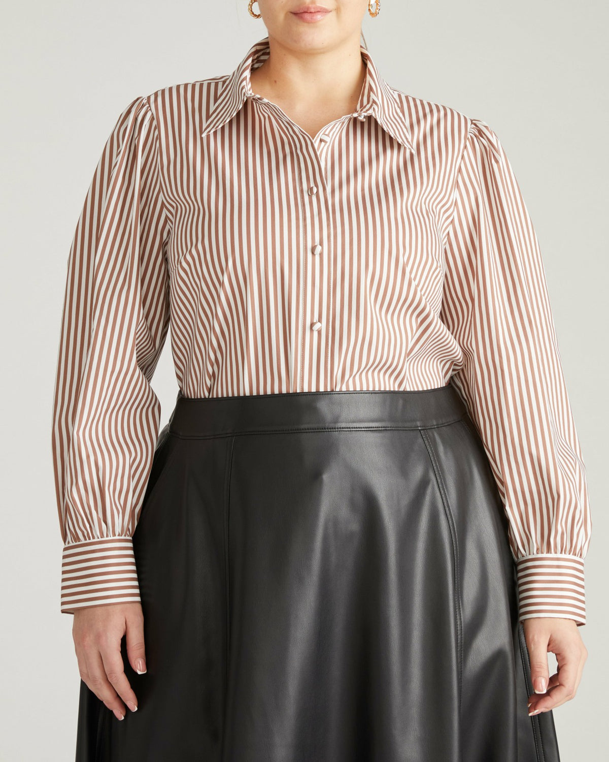 Janet Tie-Neck Cotton Poplin Shirt - Allspice/White Stripe | Universal Standard