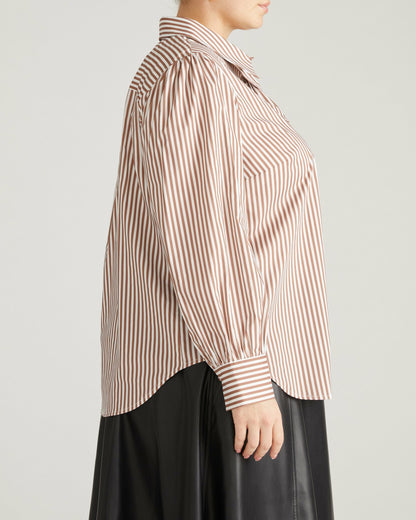 Janet Tie-Neck Cotton Poplin Shirt - Allspice/White Stripe | Universal Standard