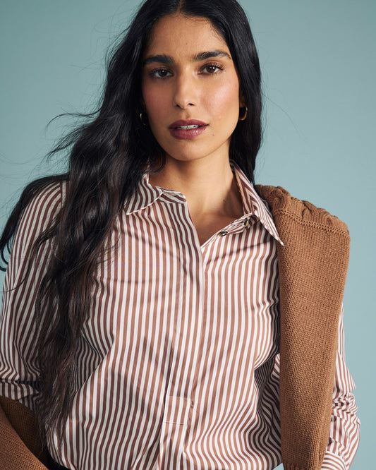 Elbe Popover Stretch Poplin Shirt Classic Fit - Allspice/White Stripe | Universal Standard