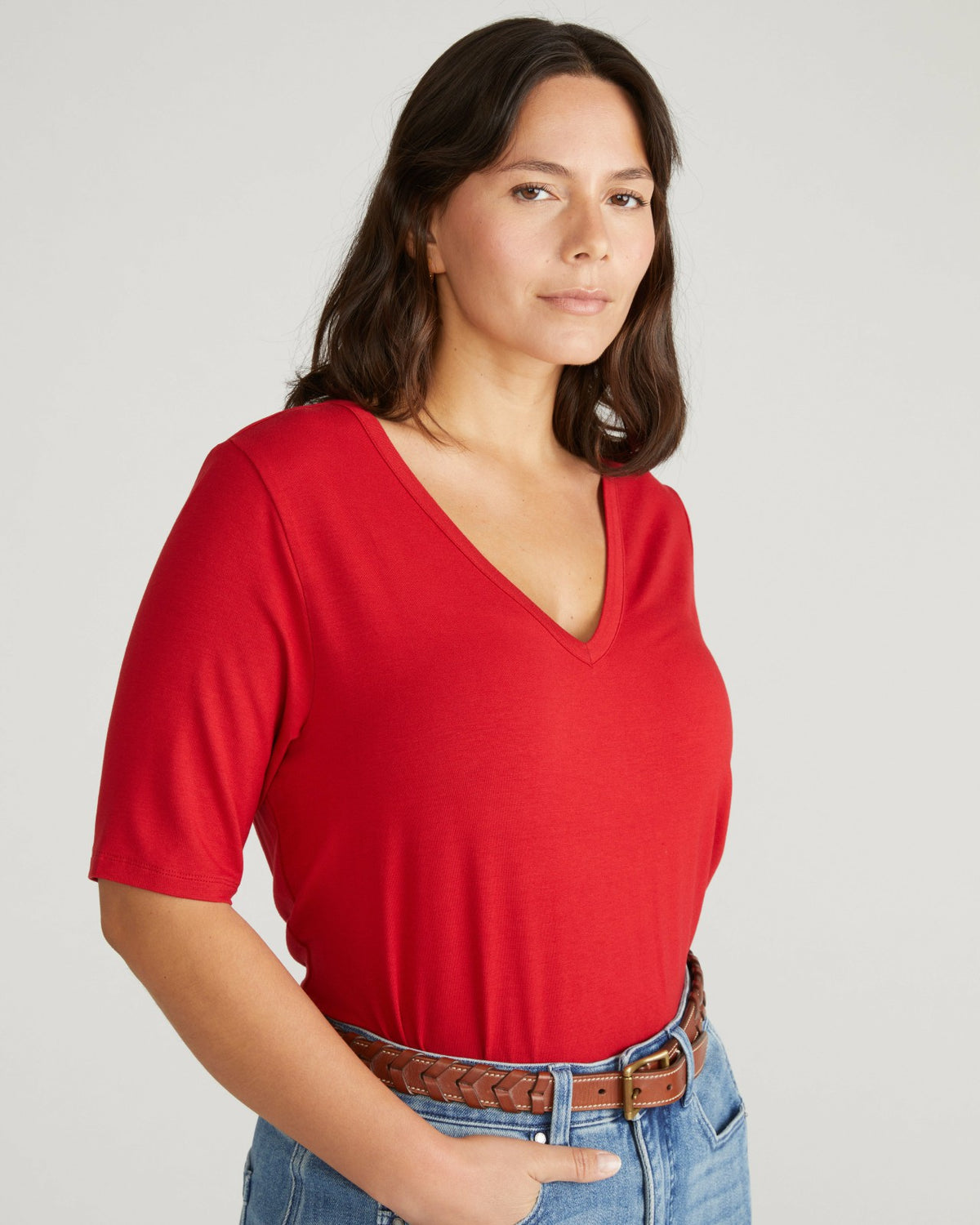 Lily Liquid Jersey V-Neck Stovepipe Tee - New York Red | Universal Standard