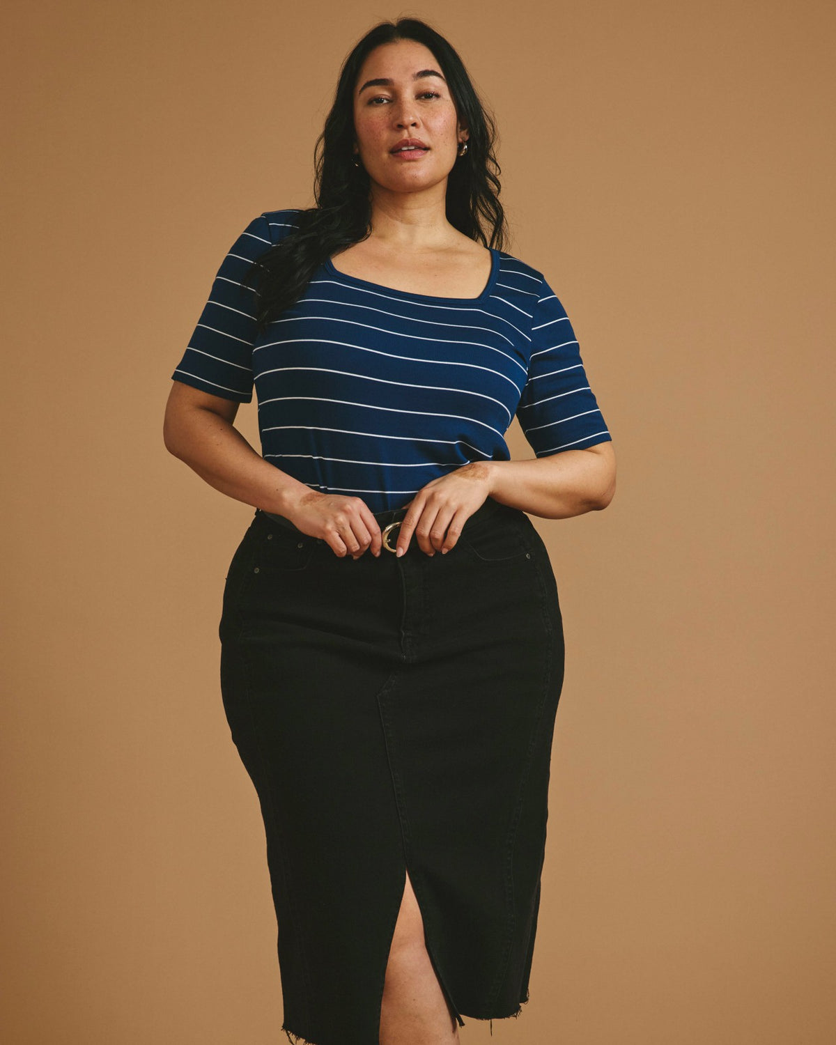 Cloud Rib Short Sleeve Square Neck Tee - Teal/White Microstripe | Universal Standard