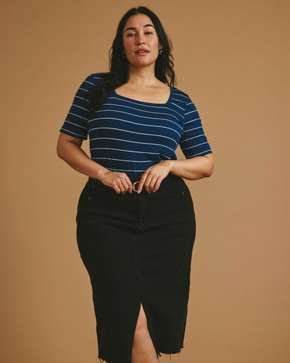 Cloud Rib Short Sleeve Square Neck Tee - Teal/White Microstripe | Universal Standard