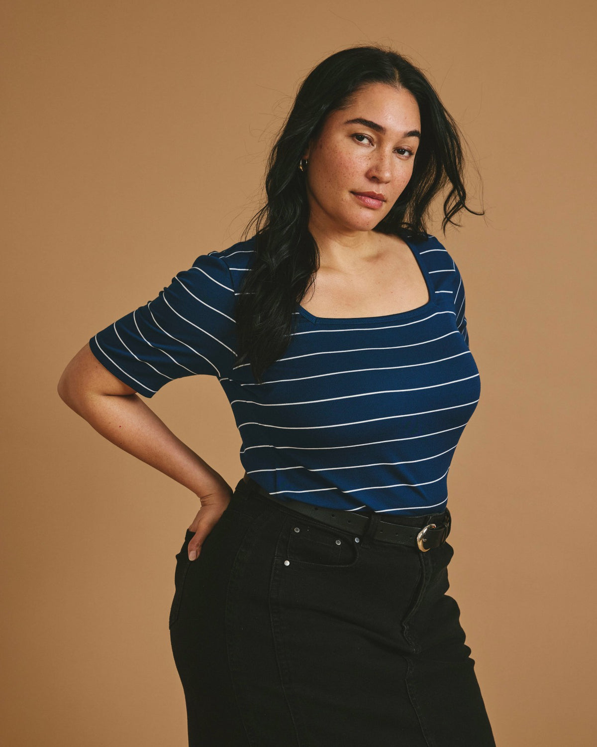 Cloud Rib Short Sleeve Square Neck Tee - Teal/White Microstripe | Universal Standard