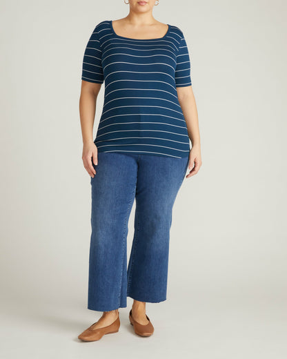 Cloud Rib Short Sleeve Square Neck Tee - Teal/White Microstripe | Universal Standard