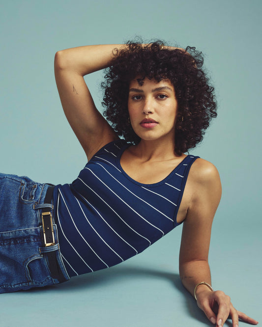 Cloud Rib Tank - Teal/White Microstripe | Universal Standard