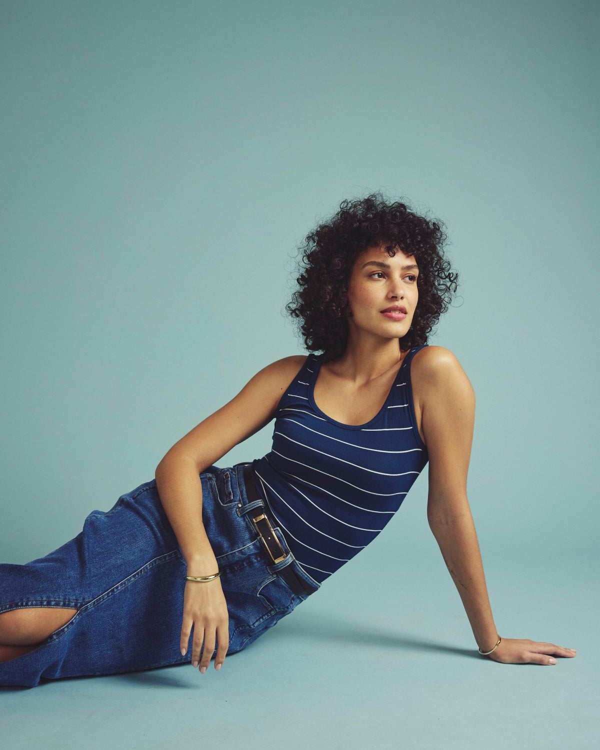 Cloud Rib Tank - Teal/White Microstripe | Universal Standard