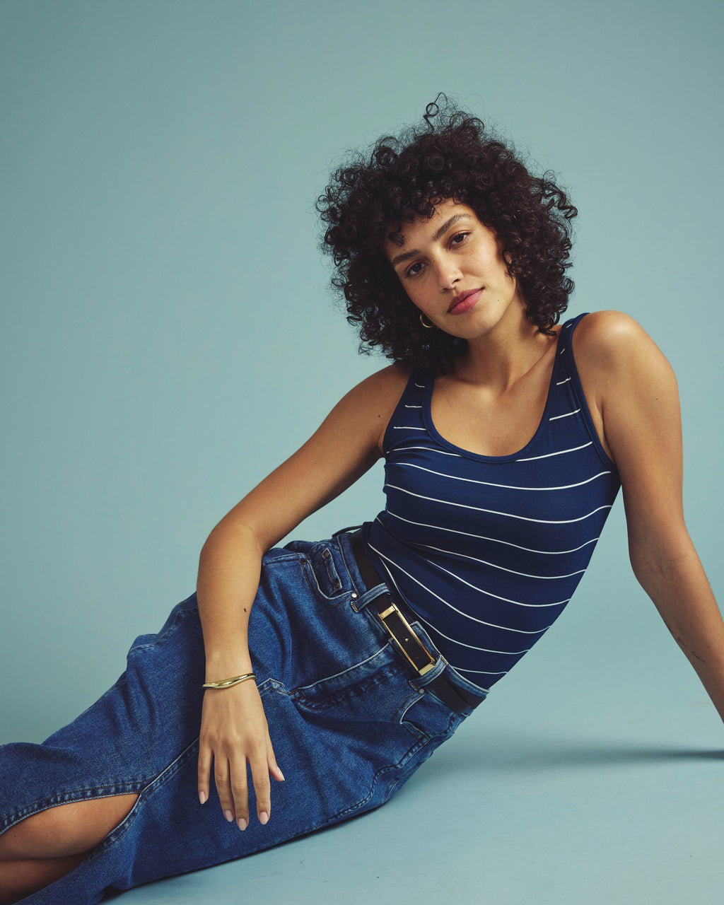 Cloud Rib Tank - Teal/White Microstripe | Universal Standard