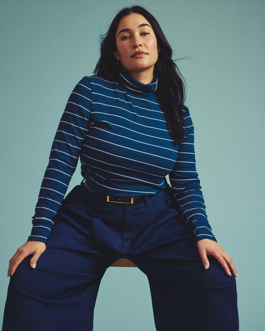 Cloud Rib Turtleneck - Teal/White Microstripe | Universal Standard