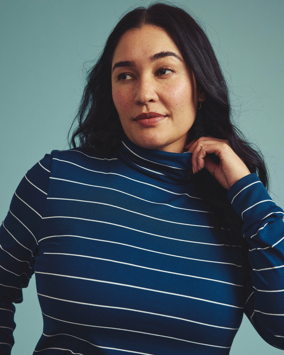 Cloud Rib Turtleneck - Teal/White Microstripe | Universal Standard