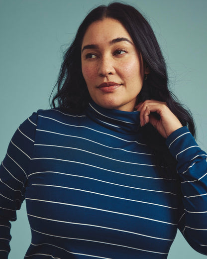 Cloud Rib Turtleneck - Teal/White Microstripe | Universal Standard