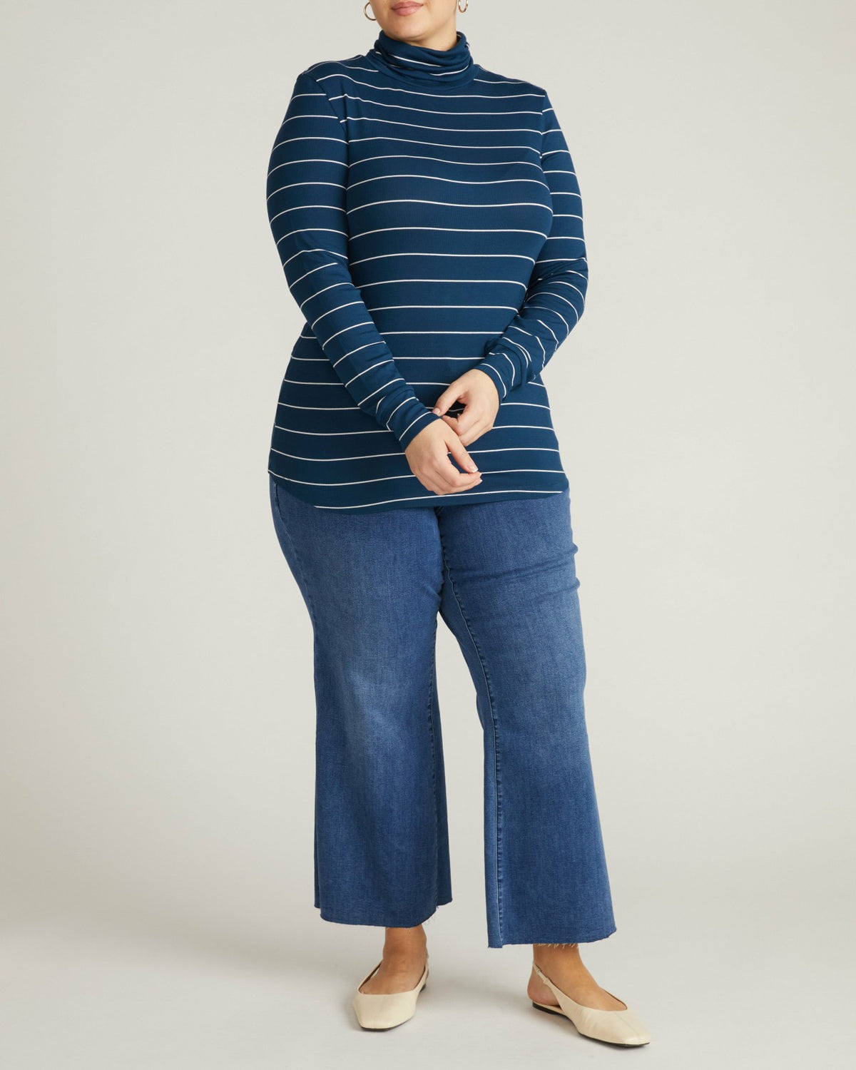 Cloud Rib Turtleneck - Teal/White Microstripe | Universal Standard