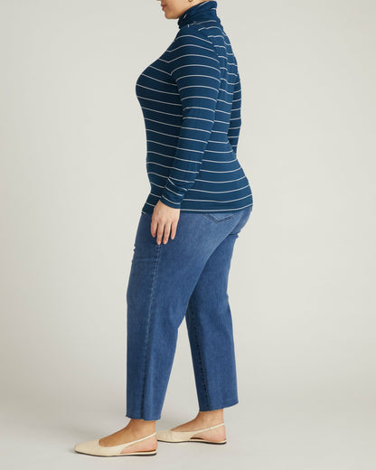 Cloud Rib Turtleneck - Teal/White Microstripe | Universal Standard