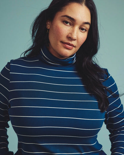 Cloud Rib Turtleneck - Teal/White Microstripe | Universal Standard
