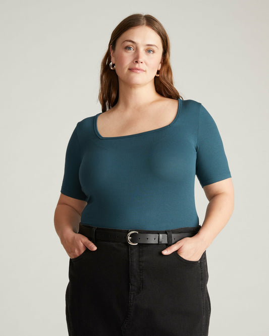 Cloud Rib Short Sleeve Square Neck Tee - Deep Sea | Universal Standard
